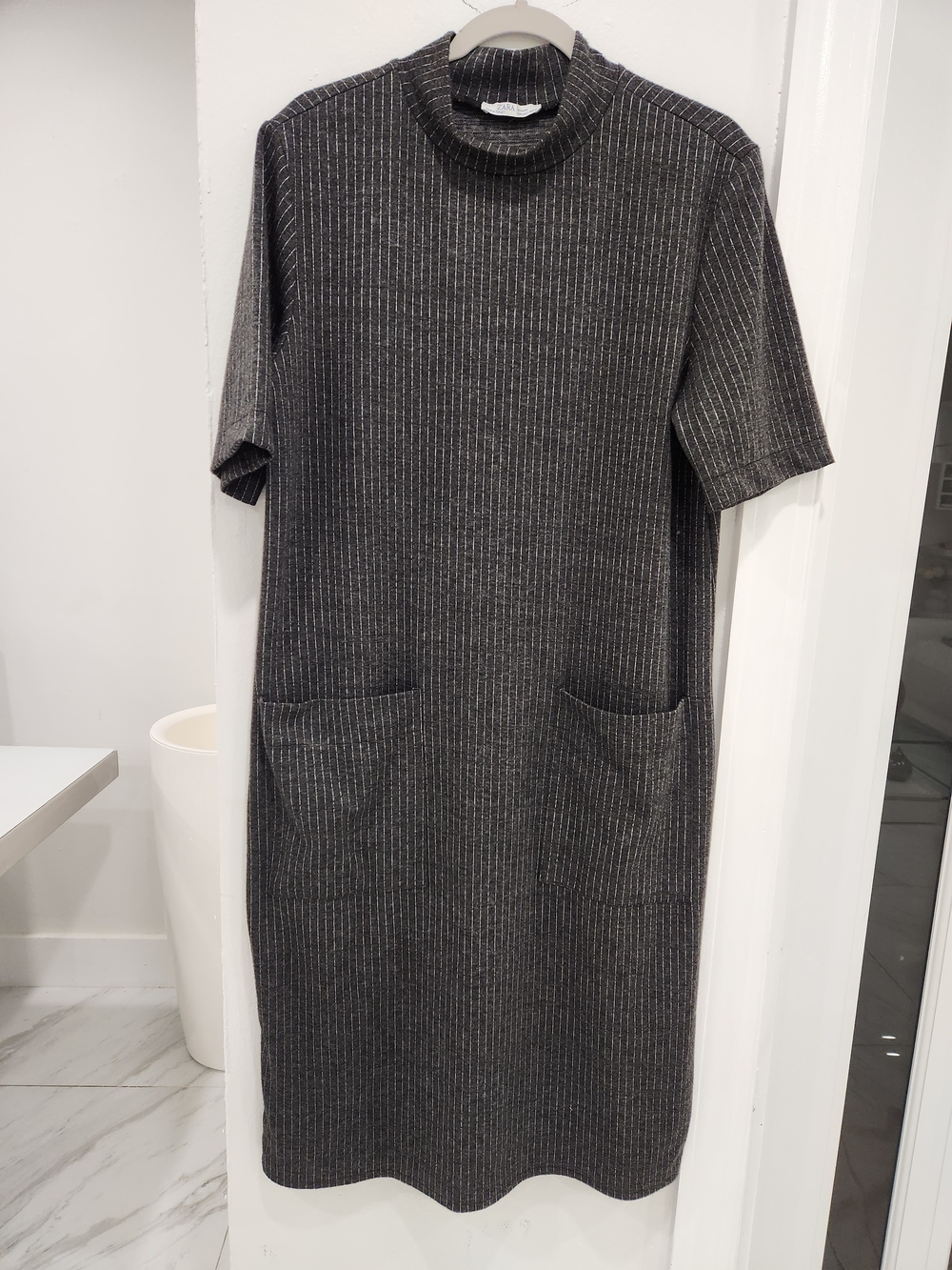Zara Charcoal Rib-Knit Midi Dress with Front Pockets